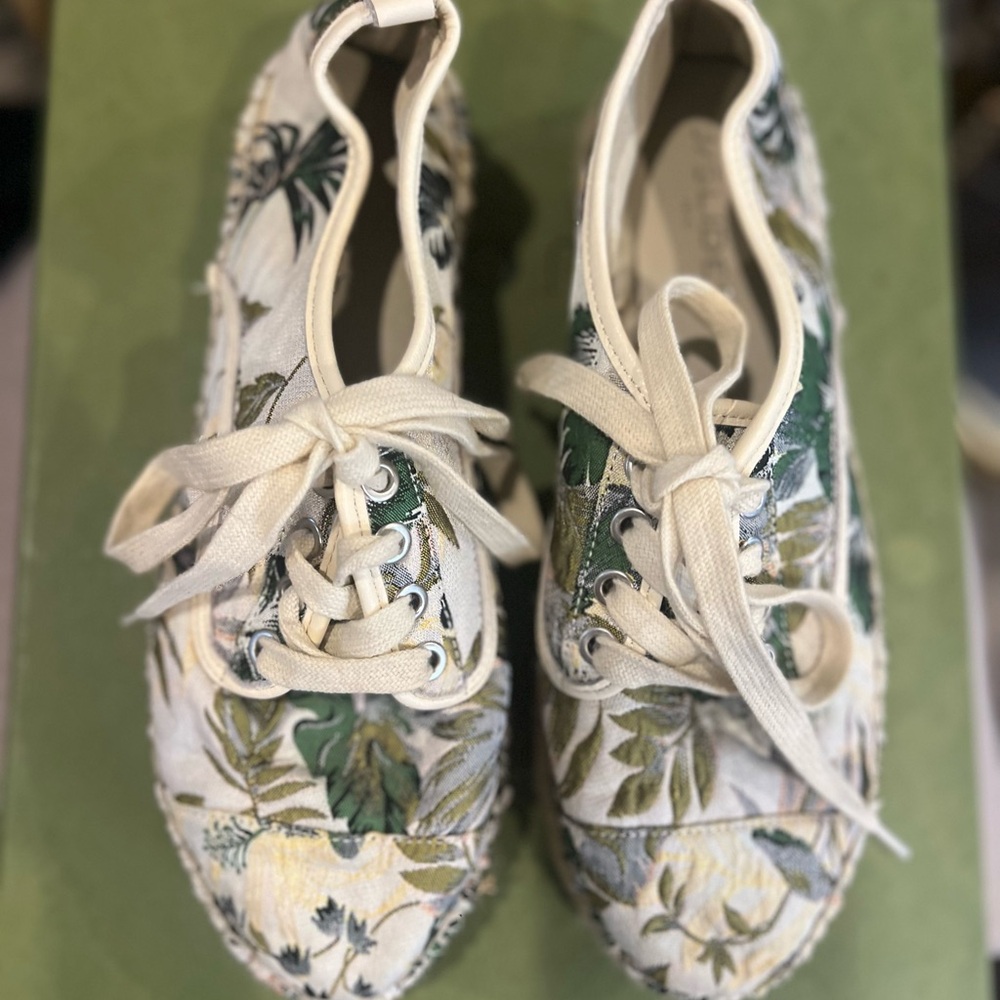 J Slides Green and Cream Botanical Sneakers with Canvas Upper